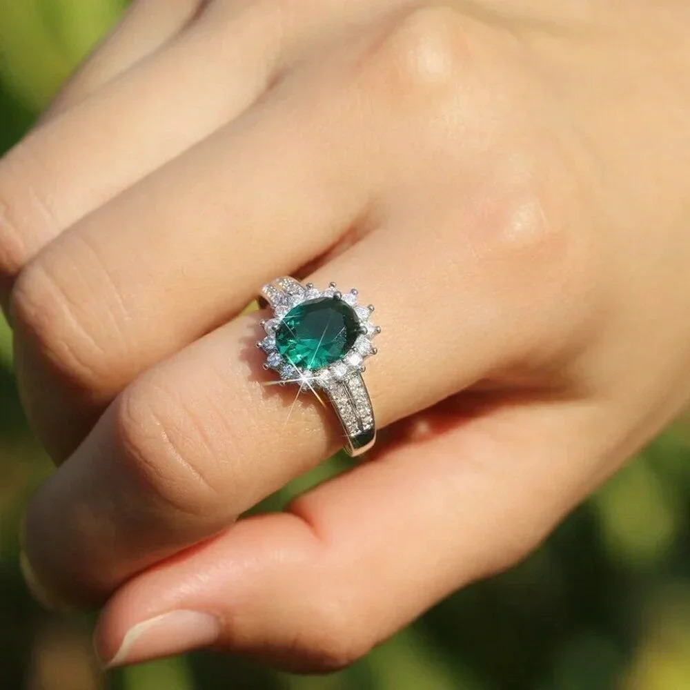 925 Silver Diamond Emerald Oval Flower Halo Ring